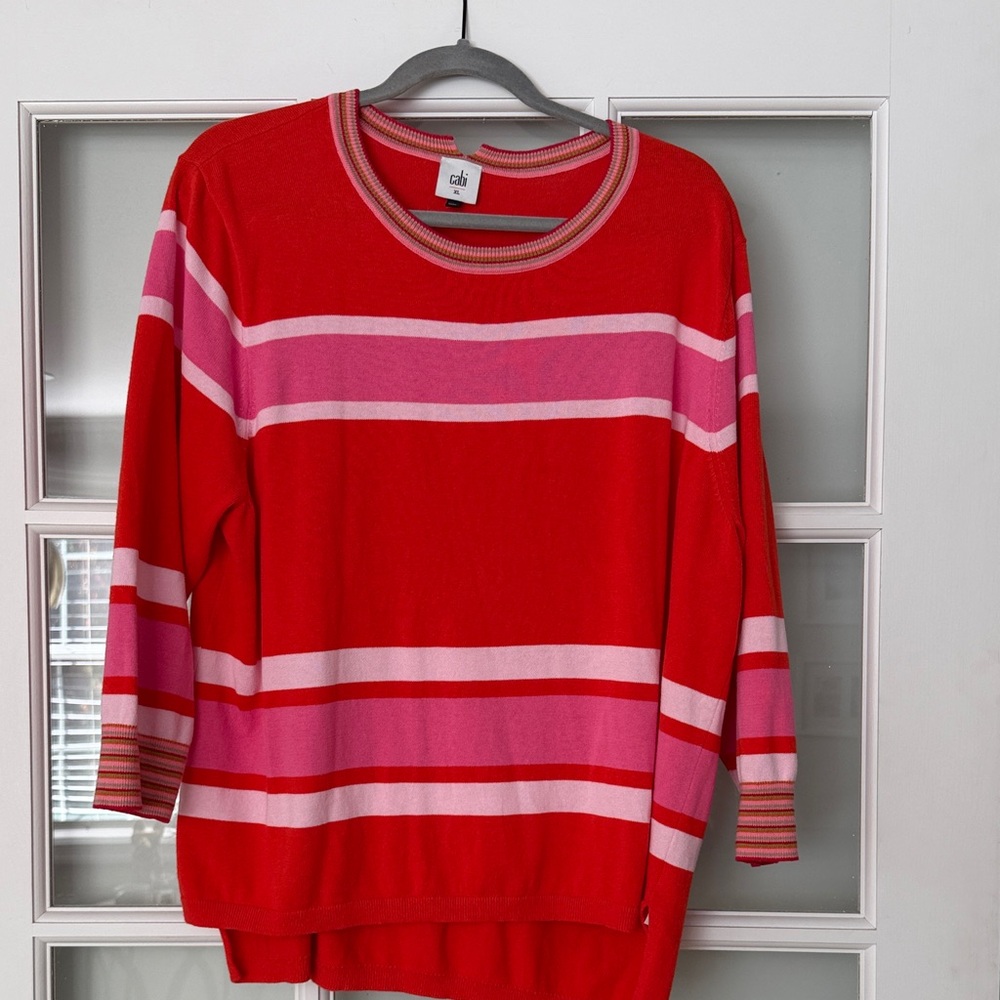 CAbi Bold Red and Pink Striped Sweater